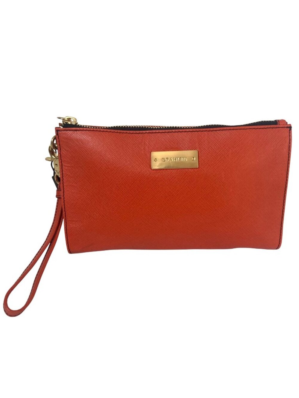 Brahmin Orange Saffiano Leather Wristlet Clutch Gold Hardware Tassel Classic
